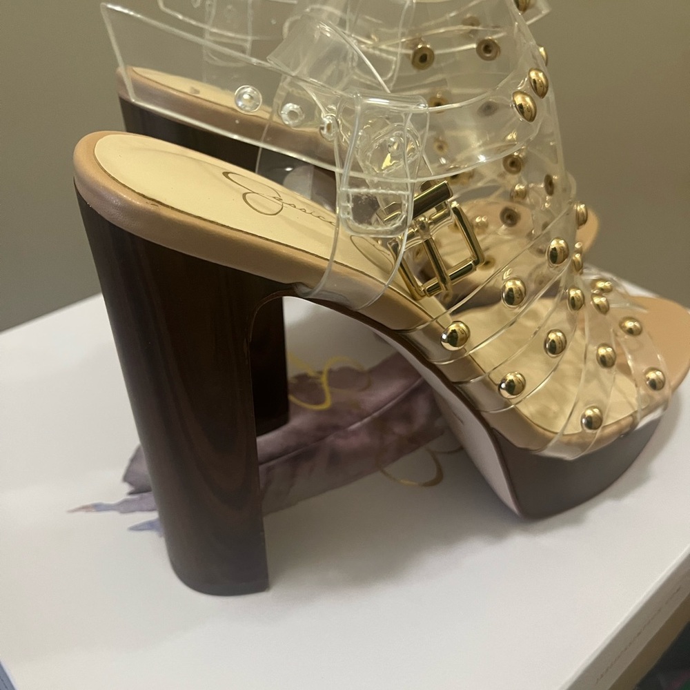 Stylish Jessica Simpson JS-RIENNE Clear and Gold Studded Heels